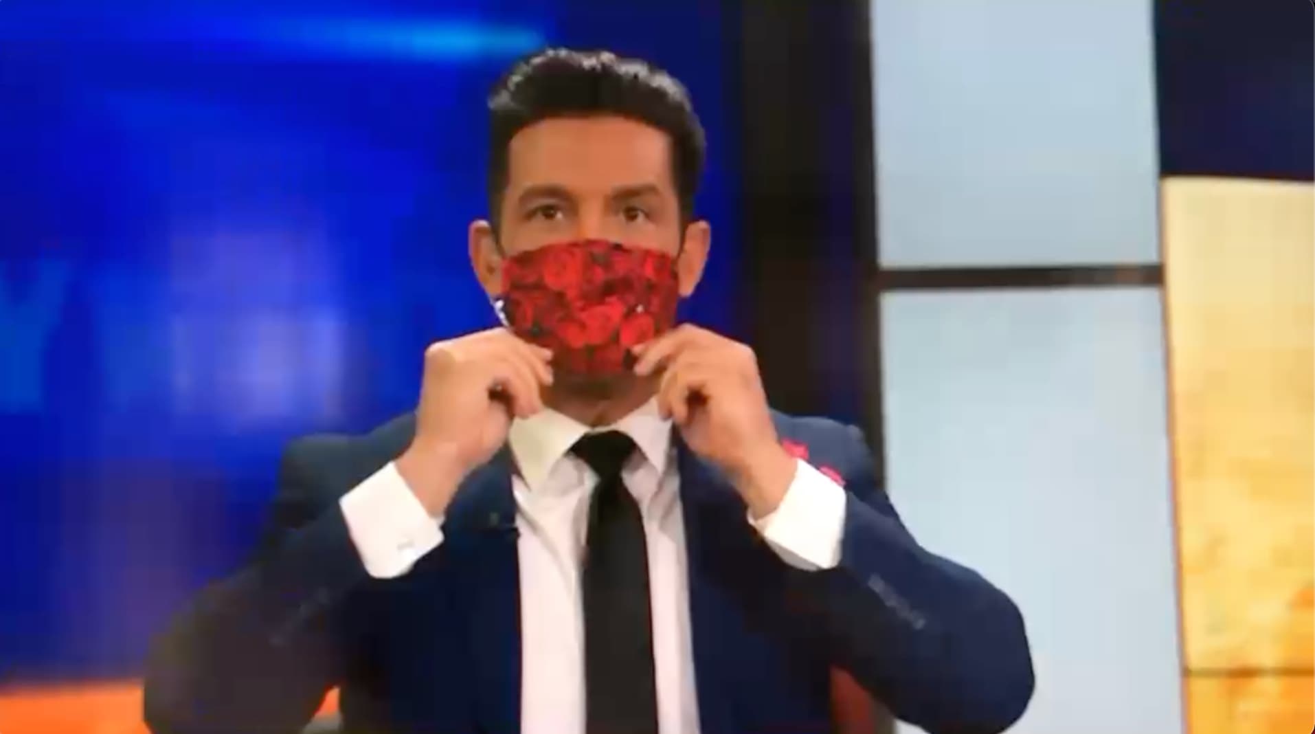 KTLA 5 anchor wearing a Tudaloo rose print mask on air