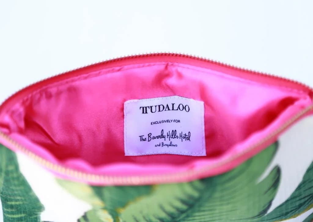 Tudaloo exclusively for The Beverly Hills Hotel banana leaf tote lining and label