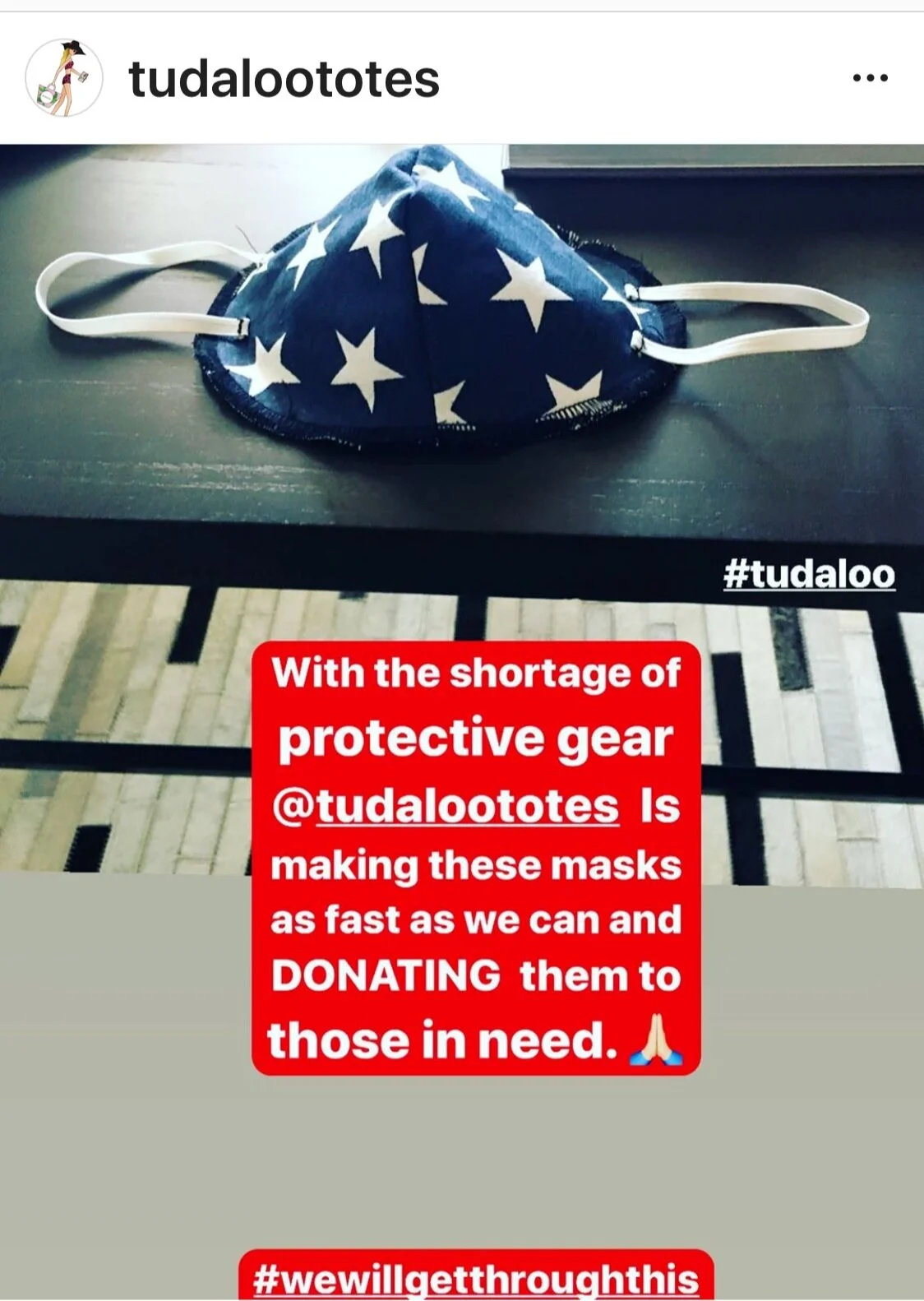 Tudaloo Instagram post about donating handmade protective masks