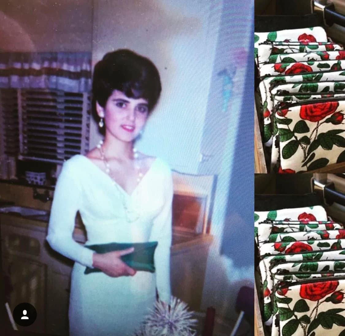 A vintage photo of Jodi's Grandma Rose alongside the Tudaloo Rose Tote Collection fabric